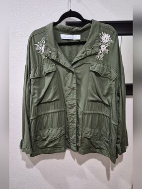 Kelly Renee Olive Embroidered Lightweight Utility Jacket Boho Size XXL (22) EUC